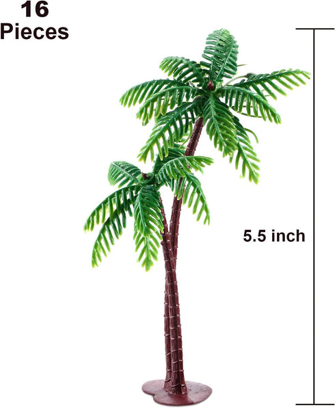 Jovitec 16 Pieces Small Green Palm Tree Cake Topper, 5.5 Inch Hawaiian Tropical Coconut Tree Decorations