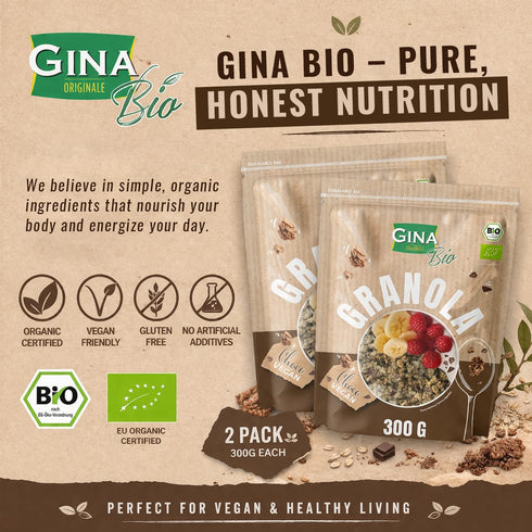 GINA Bio 300g- 2pk Organic Granola with Cocoa, Pecans & Fruits for Daily Meals - Gluten Free Vegan Granola Ideal
