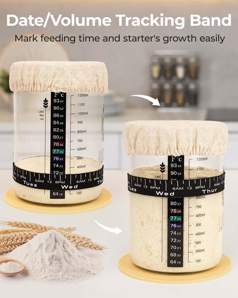 47 oz Lorzon Sourdough Starter Jar Kit - Large Wide Mouth Bread Starter Jar with Feeding Tracking Band, Silicone