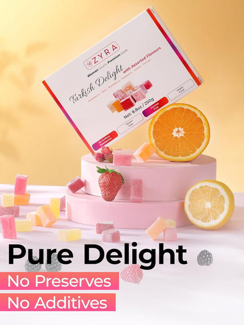 8.8oz ZYRA Turkish Delight - - Woman Owned Brand - Luxury with Assorted Fruit - Rose, Strawberry, Raspberry