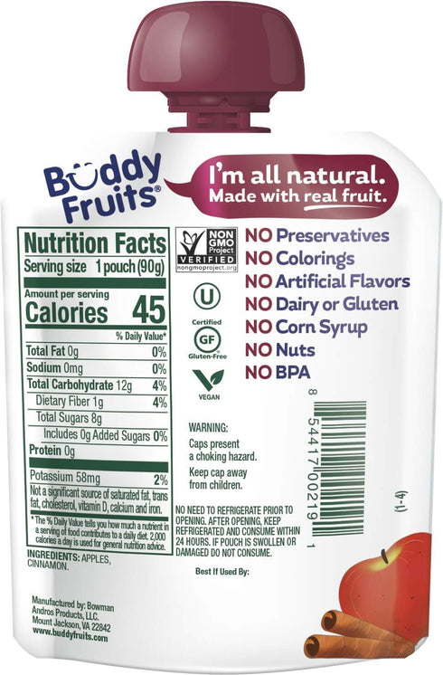 3.2oz (18pk) Buddy Fruits Snacks To Go Cinnamon Unsweetened Applesauce Pouch Gluten-Nut-Dairy-Preservatives-BPA Free