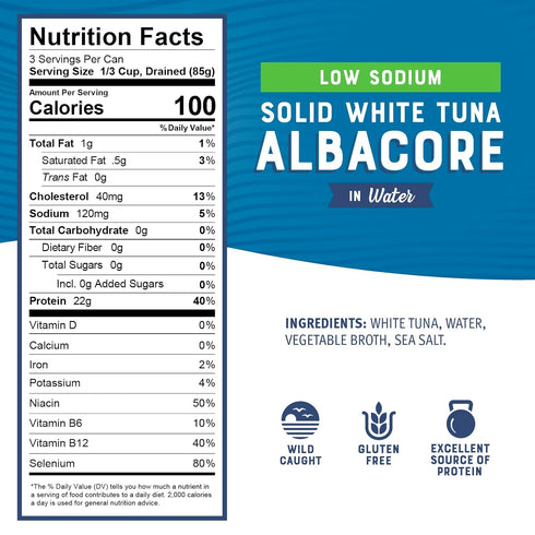 Albacore 12 oz (Pack 12) 22g Omega-3s Bumble Bee Low Sodium Solid White Tuna in Water, Can of - Wild Caught Tuna