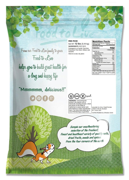 12 Food to Live Red Rice, Pounds Whole Rice, Nutty Flavor, Soft Texture, Non-Sticky, Vegan. Good Source of Protein