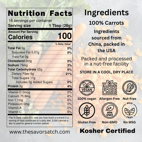 SavorSatch 16 oz Dried Carrots - Diced, Dehydrated | Resealable Pouch, Certified Kosher, Emergency Supply Food | Ideal