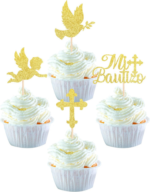 24 Pack Spanish Mi Bautizo Cupcake Toppers, Glitter Cross Angel Dove Picks for Religious Baby Shower Birthday Party
