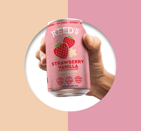 12oz 12-Pack Reed's Strawberry Vanilla Functional Soda - Organic Ginger, Adaptogen Mushroom Blend, Prebiotics - Cans
