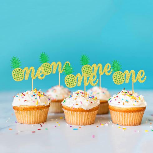 Ercadio 24 Pack Pineapple Cupcake Toppers - Glitter Pineapple 1st Birthday Cupcake Picks for Hawaii Luau Tropical Party