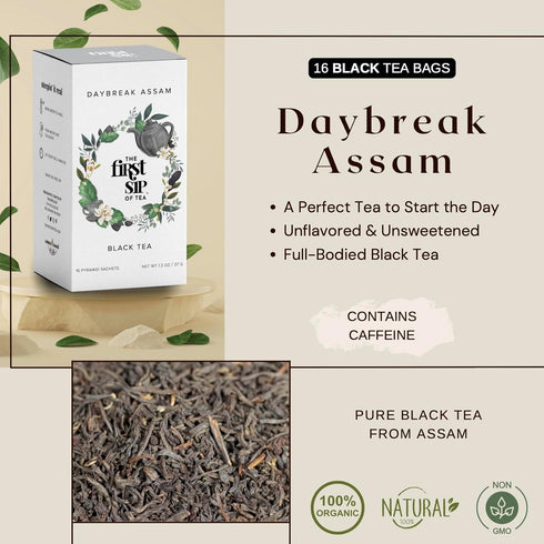 Daybreak Assam Black Tea, Pyramid Tea Bag Sachets, High Caffeine, Strong Morning Tea, 16 Cups