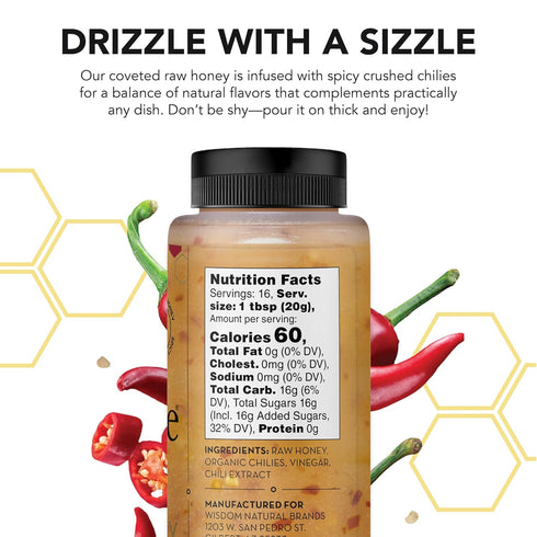 11.6 oz (330 Drizzle Hot Honey - All Natural Raw Spicy Honey Sauce, Infused with Organic Chilies, Unfiltered