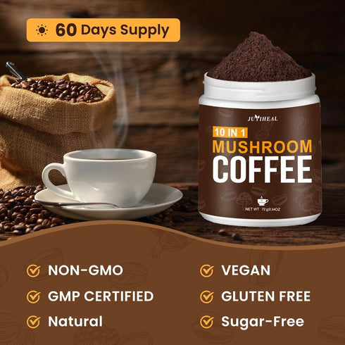 10 in1 72g JUYIHEAL Mushroom Coffee, Mushroom Powder Coffee with Lions Mane, Chaga, Reishi, Cordyceps, Maitake