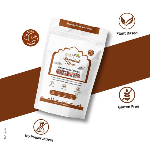 Ecomytra 100% 1lb (454g) Sprouted Finger Millet Flour (Ragi) Gluten Free & High Calcium Superfood Sprouted Rich in Iron