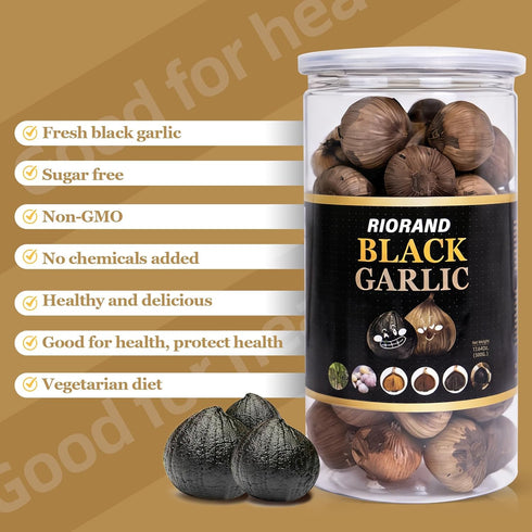 90 (17.64 Oz/500g) RioRand Black Garlic Whole Black Garlic Fermented for Days Non-Additives Ready to Eat for Snack