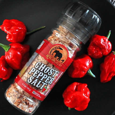 3.5 oz 5-Pack Ghost Pepper Salt Seasoning by African Dream Foods | Spicy Chili Salt with only Natural Hot Ghost Peppers