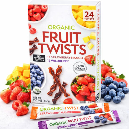 Generic Pack, 24 Count, Organic Fruit Twists Snacks, Strawberry Mango and Wildberry Variety Individually Wrapped, No