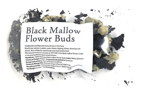 Black Mallow Flower Buds, 0.52oz / 15g - Mesmerizing Black from Germany, Beautiful Eye-catcher for Tea, Salads, and