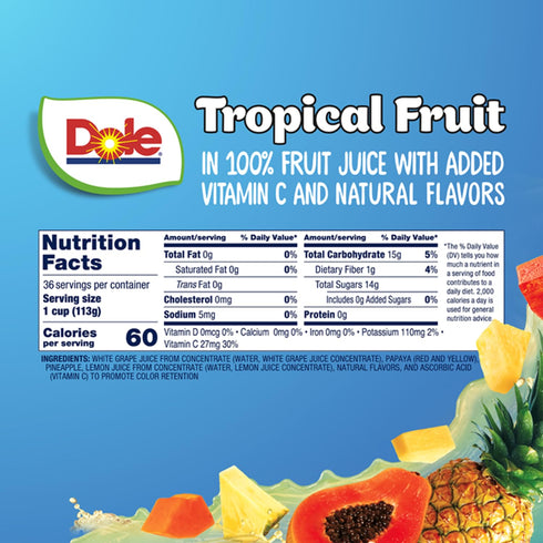 100% 4oz 36 Dole Fruit Bowls Tropical Fruit in Juice Snacks, Total Cups, Gluten & Dairy Free, Bulk Lunch Snacks