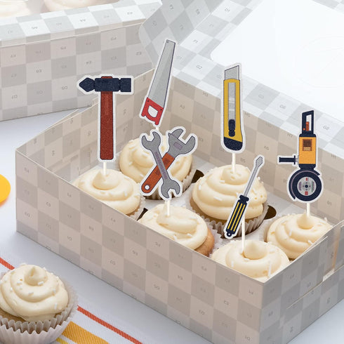 MEFENG 18pcs Mechanic Cupcake Toppers, Tools Dessert Toppers, Silver/Grey Birthday Party Supplies