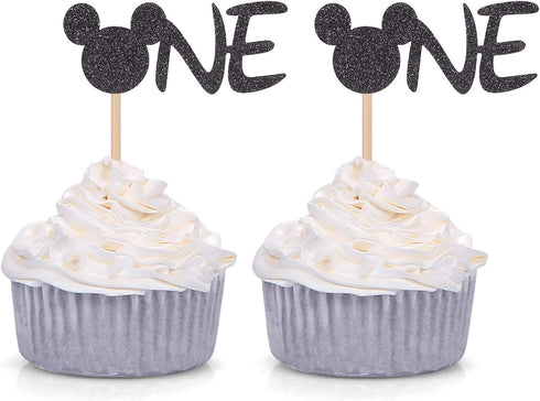 24 Counts Black Glitter Mickey Mouse Inspired Cupcake Toppers for Minnie One Baby Birthday Party