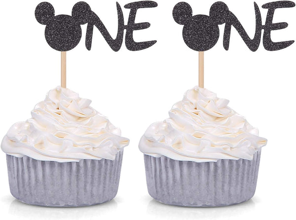 24 Counts Black Glitter Mickey Mouse Inspired Cupcake Toppers for Minnie One Baby Birthday Party