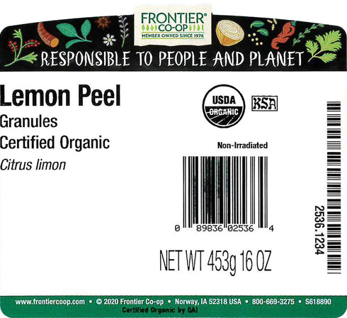 1lb Frontier Co-op Organic Lemon Peel Granules, Bulk Bag, Natural Dried Peel | Made with Pure Lemon Zest | Kosher