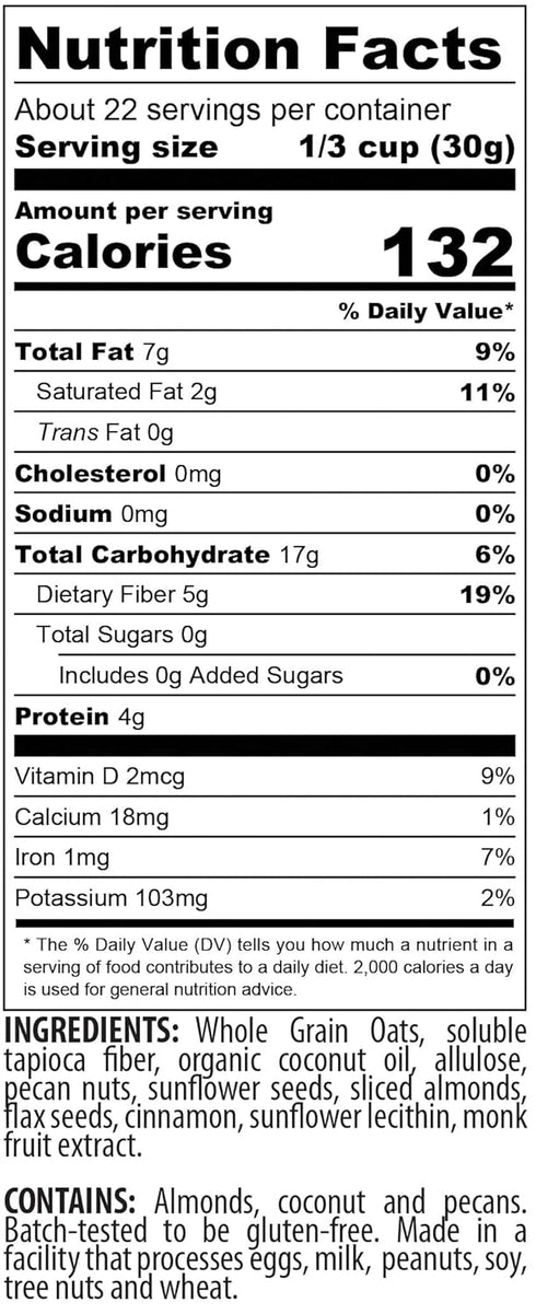 24oz MyCerealMix Sugar Free Granola Cinnamon Pecan Keto Diabetic Friendly Cereal, High Fiber, Gluten Free, Plant-Based