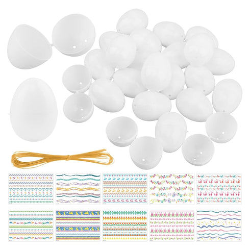 Qirvaten 50Packs Set,Blank Empty Easter Eggs & Decorative Gold Cord & Stickers White Plastic Egg,Fillable Empty DIY