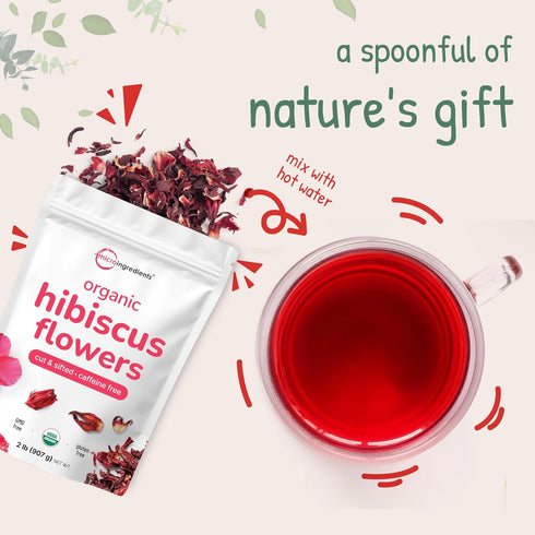 2lbs (450+cups) Organic Hibiscus Flowers, | Flor de Jamaica, Loose Leaf Tea for Hibiscus Tea Bags | Cut & Sifted Dried
