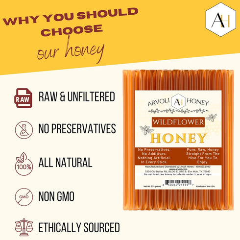 (50 Pack) Raw Honey Sticks - Honey Sticks For Tea - Honey Straws - One Teaspoon of Pure Raw Honey Per Stick - Each
