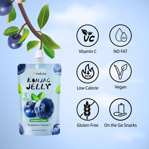 10 Pack 10 Hethstia Konjac Noodle Angel Hair and Konjac Jelly Blueberry Flavor, Pouches Drinkable Jelly Low Calorie