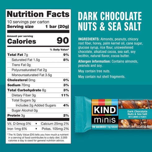 Pack, 20 Count KIND Mini Snack Bars Variety Gluten Free, Low Sugar, Low Calorie Snacks, Dark Chocolate Nuts & Sea Salt