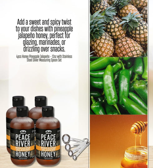 GROVE 4x 12 OZ Set Set (5 Peace River Honey Honey Pineapple Jalapeno Bundle with Measuring Spoon Sweet and Spicy Blend