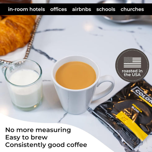 Packs 0.50 (Pack 50), 4-Cup Colonial In-Room Decaf Ground Coffee Filter for Hotel Rooms, Decaffeinated Dark Roast
