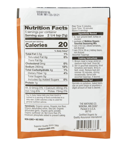 Watkins Organic Chili Gourmet Seasoning Mix - 1.25 oz. Packets (Pack of 12)