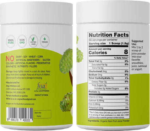 20 6 oz Vegs Noni Juice Powder - Freeze Dried Organic Noni Fruit Juice, X Concentrated High Potency Antioxidant Instant