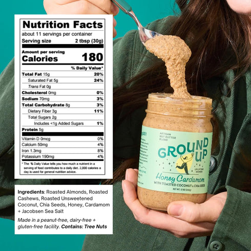 1 12oz Ground Up Almond & Cashew Nut Butter - Honey Cardamom With Chia Seed - Peanut-Free, Dairy-Free, Gluten-Free