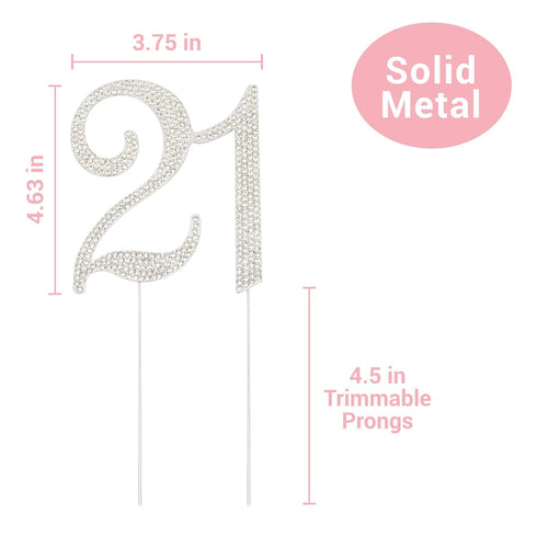 21 Cake Topper, Premium Silver Metal, 21st Birthday Party Sparkly Rhinestone Decoration, Great Centerpiece