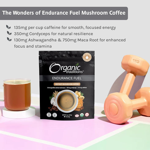 10 280g 10oz Organic Traditions Endurance Fuel Mushroom Coffee, Instant Coffee with Cordyceps, Ashwagandha and Maca