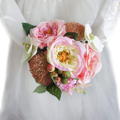8" (1, Artificial Mix Roses Hydrangeas Orchids Wedding Bouquet Centerpiece Pink)