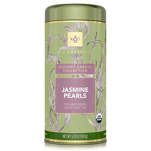 5.29 oz/150 90-120 Teabloom Organic Green Tea, Jasmine Pearls Loose Leaf Tea, Captivating and Aromatic Jasmine Tea