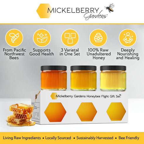 Mickelberry Set 3 (33oz) Gardens Honeybee Flight Gift Jar Honey Flight Featuring Wildflower & Blackberry Honeys Pure