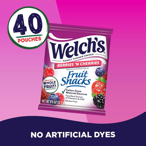 0.8oz Packs (Pack 40) Welch's Fruit Snacks, Berries 'N Cherries Snack Box, Gluten Free, Snack