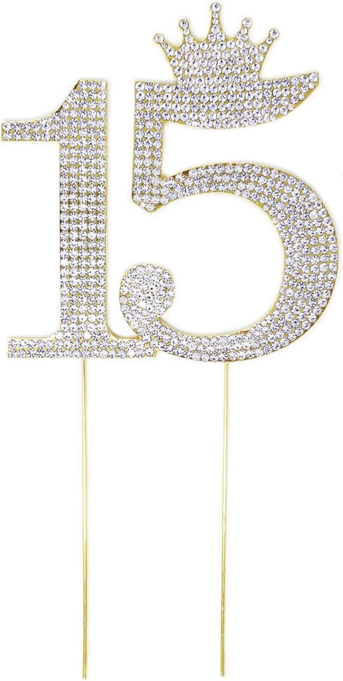 Number 15 Quinceanera Rhinestone Princess Crown Monogram Cake Topper, Sweet 15th Birthday Party (Gold)