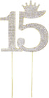 Number 15 Quinceanera Rhinestone Princess Crown Monogram Cake Topper, Sweet 15th Birthday Party (Gold)