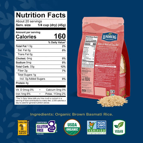 32 Oz Lundberg Organic Basmati, Long-Grain Brown Rice Non-Sticky, Fluffy & Aromatic