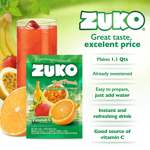 48 Packets Zuko Fruit Punch Powdered Drink Mix, No Added Sugar Needed, Ct Individual