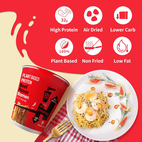 6-Pack 32g Hethstia High Protein Ramen Cup, Spicy Beef Flavor, Instant Healthy Ramen Soup with Plant Protein, Vegan