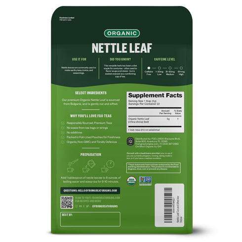 FGO Organic Nettle Leaf Loose Tea, 4oz Cut and Sifted, Caffeine Free, Resealable Bag, Packaging May Vary (Pack of 1)