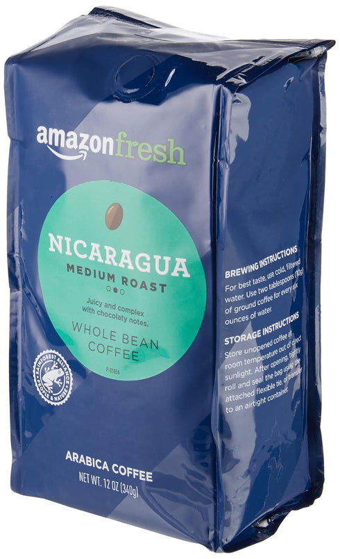 Amazon Fresh 12 (Pack 3) , Nicaragua Whole Bean Coffee, Medium Roast, Ounce
