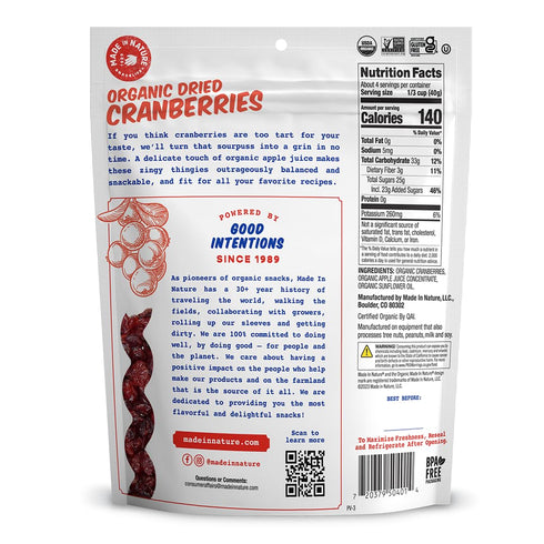 5 (Pack 6) Made In Nature Organic Dried Cranberries, Ounce of Sweetened with Apple Juice, Non-GMO, Unsulfured, Gluten