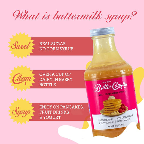 Country 16 oz/4 Pack Butter Rich and Creamy Buttermilk Syrup | White Raspberry Flavor | Unique Gourmet Syrup
